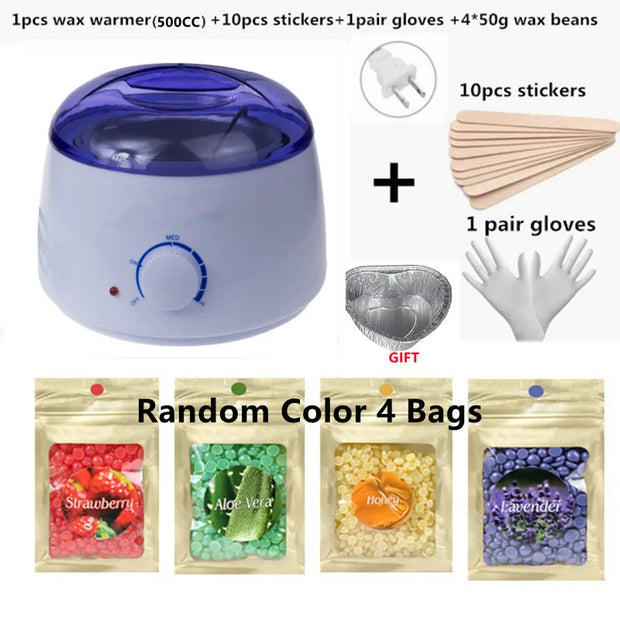 Electric 500cc   wax warmer  Hair Removal Wax- Heater Wax Beans 10pcs Wood Stickers Sets Waxing Kit cera depilator