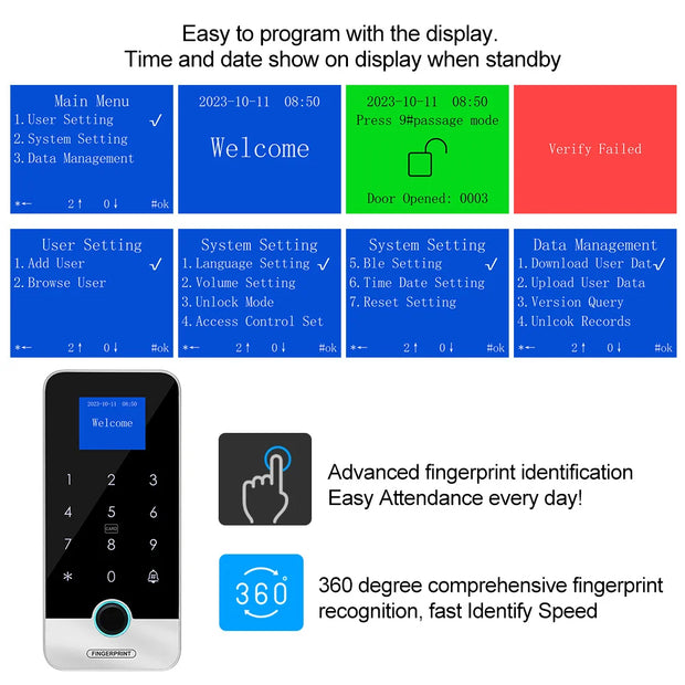 Bluetooth Tuya APP Smart Fingerprint RFID Access Control Keypad Touch IP65 Waterproof 13.56MHz Door Opener Keyless Lock System