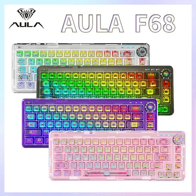 AULA F68 Mechanical Keyboard 2.4G Wireless/BT/Wired Transparent Keycaps For Colored Lights Work Gaming Keyboard W/ RGB Backlight