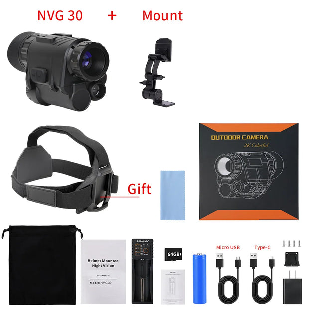 NVG30 Helmet Night Vision Monocular Scope Wide View 40° 940nm 1080P HD Infrared Digital Binoculars IP67 Hunting Telescope