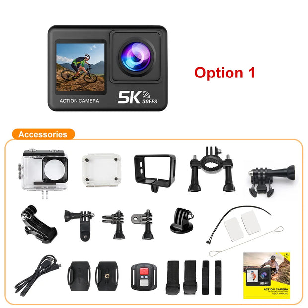 5K Action Camera 4K60FPS 2.0 Inch Touch Screen Wi-Fi 170° Wide Angle 30M Waterproof Helmet Video Recording Sports Cameras