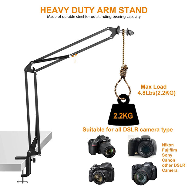 Overhead Tripod Mount for DSLR Camera Desktop Articulating Arm for Canon Nikon Sony Fuji Photography Recording Stand Holder