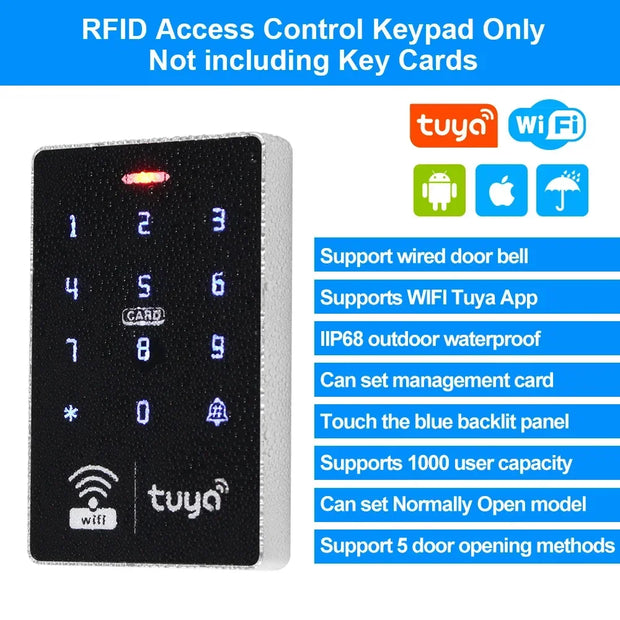 IP68 Waterproof WiFi Tuya Access Control System Keypad RFID Keyboard APP Remote Unlocking  Wiegand Output 125KHz and 13.56MHz