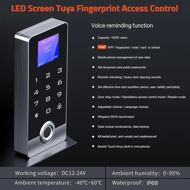 Waterproof Tuya App Control Fingerprint Reader With LED Screen Stand-Alone Door Keypad Full Metal WiFi Access Control System