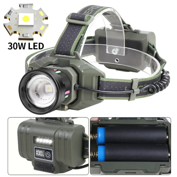 30W Powerful LED Headlamp Headlight TYPE-C Rechargeable 18650/21700 Battery Head Torch Waterproof Fishing Lantern