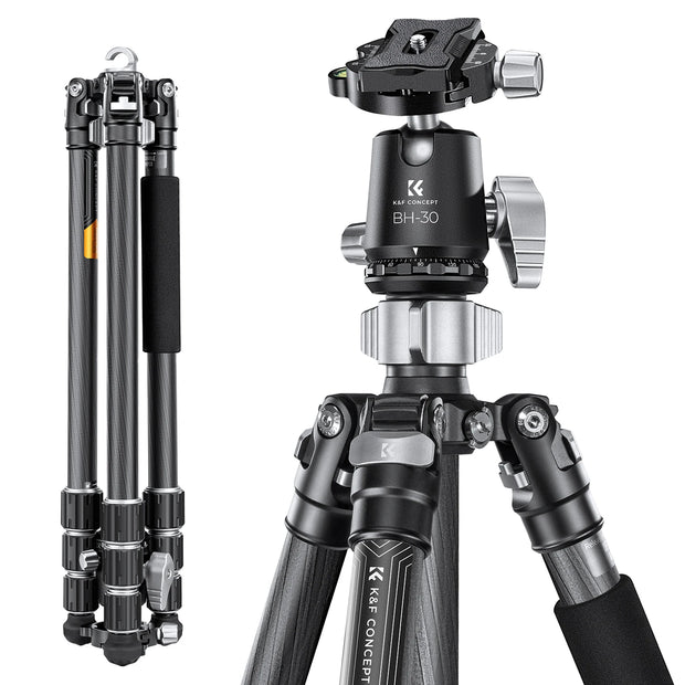 K&F Concept 68''/1.7m Carbon Fiber Tripod with 12KG/26.2lbs Ball Head For Nikon Canon Sony DSLR Camera Tripod Stand X254C4+BH-30