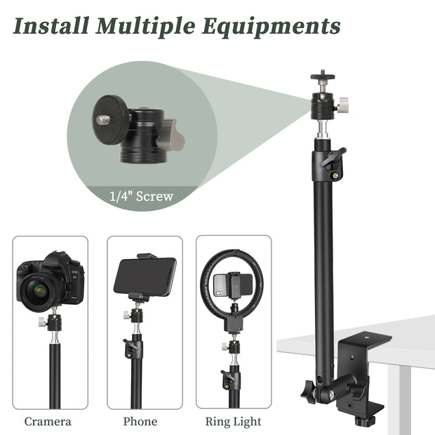 C Stand Tripod Standing Desk Monitor with 1/4" Ball Head Table Fixture Ring Light Adjustable Tabletop Bracket Stand DSLR Camera