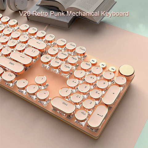 EWEADN V20 Punk Typewriter Mechanical Gaming Keyboard, 104 Keys Round Keycaps LED White Backlit, Key-wire separation design