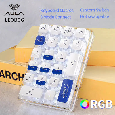 LEOBOG K21 Mini Number Keyboard 21 Transparent Key Mechanical Numeric Keypad 3 Mode Numpad 600mAh Gaming Keyboard With RGB Light