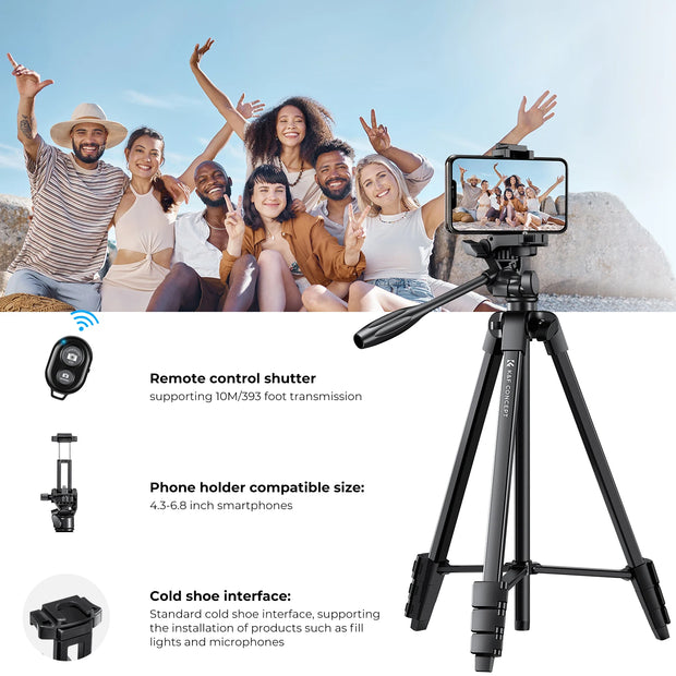 K&F Concept 59.4''/1.5 m Aluminum Lightweight Tripod with Bluetooth Remote Portable Tripode Stand 360° Ball Head for Camera DSLR