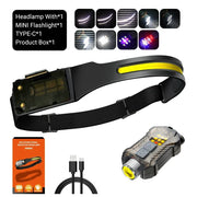 Sensor Headlamp LED Head Flashlight Rechargeable Headlight Head Torch Built-in Battery 5 Lighting Modes Fishing Camping Lantern