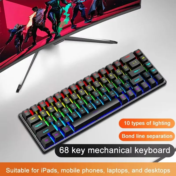 K68 Wired Mechanical Keyboard 10Kinds of Colorful Lighting Gaming and Office For Microsoft Windows and Apple IOS System