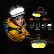 1300LM COB LED Headlamp USB Rechargeable Head Flashlight with Built in Battery 5-mode Lighting Outdoor Fishing Camping Headlight