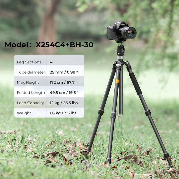 K&F Concept 68''/1.7m Carbon Fiber Tripod with 12KG/26.2lbs Ball Head For Nikon Canon Sony DSLR Camera Tripod Stand X254C4+BH-30