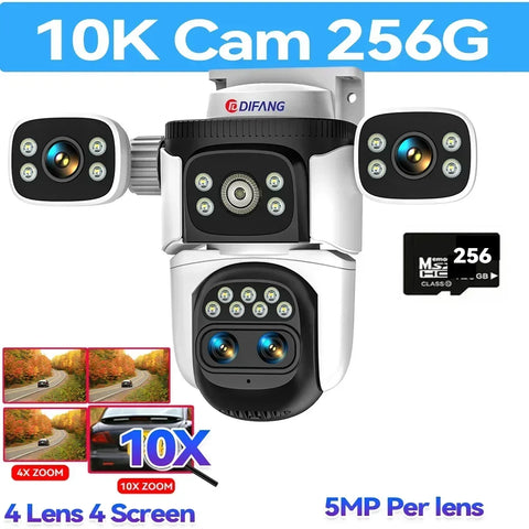 10K Security Protection WiFi6 Camera Outdoor Four Screen 20MP CCTV External IP Cam 10X Zoom 8K 15MP Video Surveillance Camera