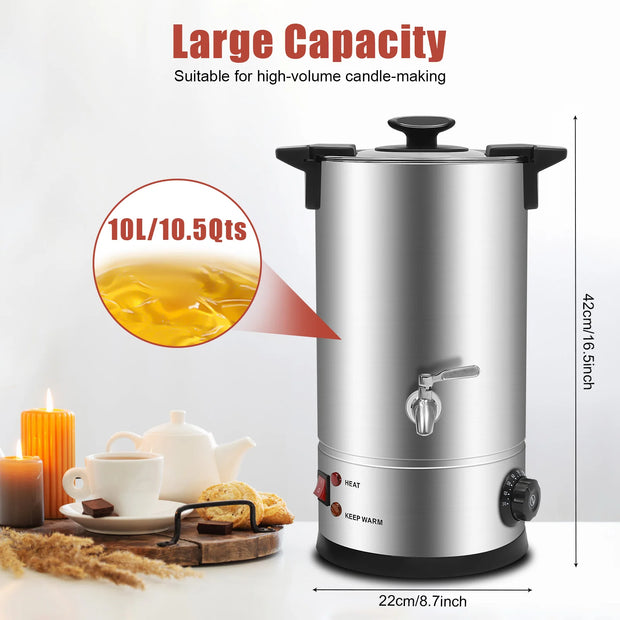 10L Electric Wax Melting Pot Stainless Steel Cup-shaped Candle Making Warmer Temperature Control W/Sealing Lid&Indicator Light