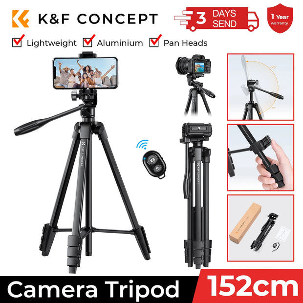 K&F Concept 59.4''/1.5 m Aluminum Lightweight Tripod with Bluetooth Remote Portable Tripode Stand 360° Ball Head for Camera DSLR