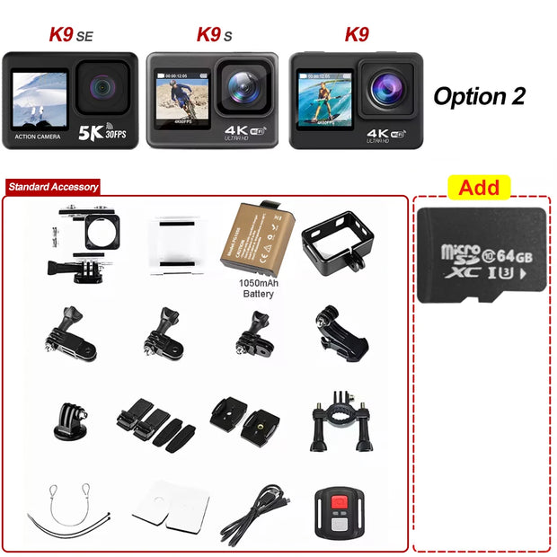 Action Camera 5K30FPS 4K60FPS 2.0 Touch LCD 48MP EIS DVR Webcam Dual Screen Wi-Fi 170D Waterproof 30M 5X Zoom Sports Camera