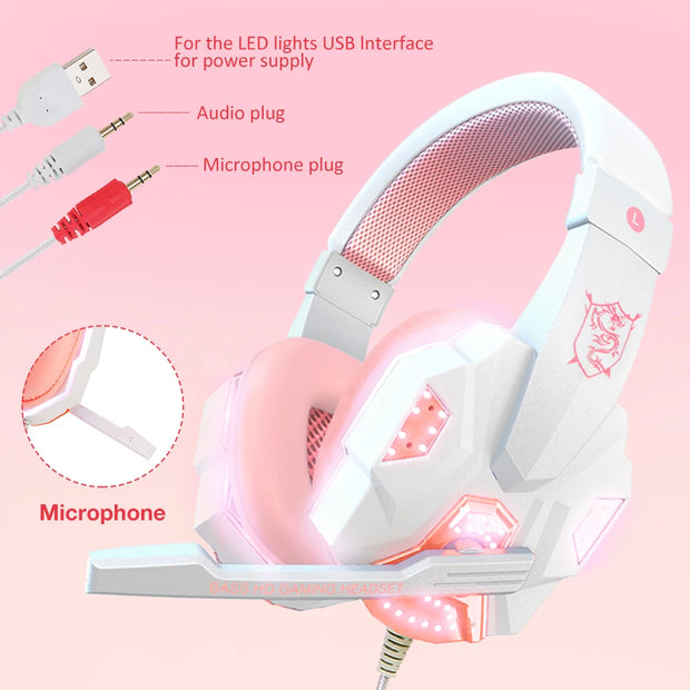 QearFun New Pink Headphones for PC Girls Gaming Wired Headset with Microphone Gamer for PS4 Windows XP/7/8/10 Laptop Phone