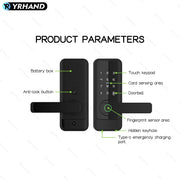 YRHAND Waterproof Biometric Electronic Lock Digital Lock Tuya App Remote Unlock Keyless Fingerprint Smart Door Lock For home