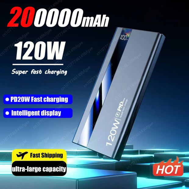 200000mAh 120W Power Bank Super Fast Charging Battery High Capacity Digital Display Power Bank For Xiaomi Iphone Samsung