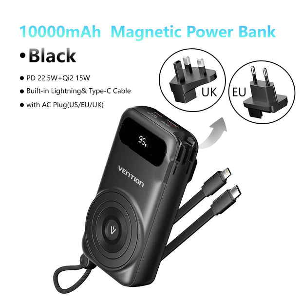 Vention Qi2 15W Magnetic Power Bank 10000mAh Wireless External Battery Portable Powerbank Type C AC for iPhone 12-16 Fast Charge