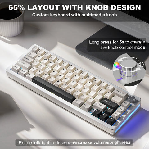 YUNZII AL66 Silver 66-Key CNC Aluminum Knob Wireless Bluetooth/2.4G/Wired Hot Swap Gasket Mounted RGB Mechanical Gaming Keyboard