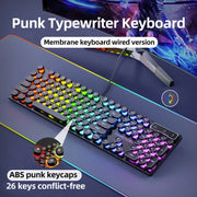 EWEADN GX330 Typewriter Gaming Keyboard, 104 Keys Wired Retro Punk Round Keycaps, with RGB Backlit, for Windows Laptop PC black