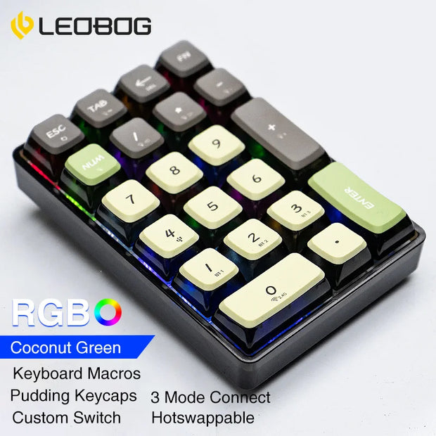 LEOBOG K21 Mini Number Keyboard 21 Transparent Key Mechanical Numeric Keypad 3 Mode Numpad 600mAh Gaming Keyboard With RGB Light