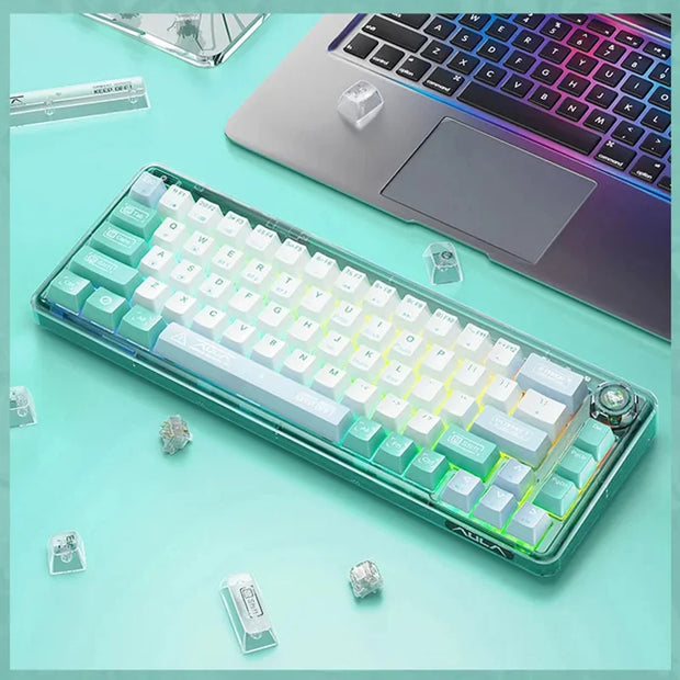 AULA F68 Mechanical Keyboard 2.4G Wireless/BT/Wired Transparent Keycaps For Colored Lights Work Gaming Keyboard W/ RGB Backlight