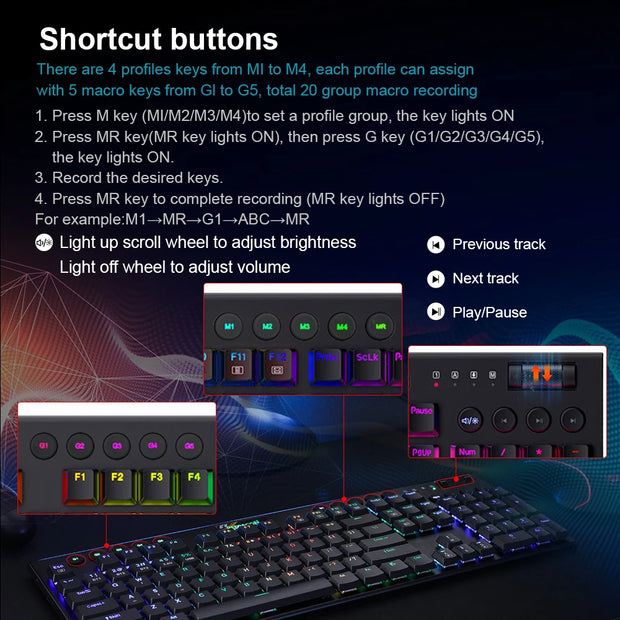 REDRAGON Horus K618 RGB support Bluetooth 5.0 wireless USB 2.4G 3 mode Mechanical Gaming Keyboard 104 Keys for Compute PC Laptop