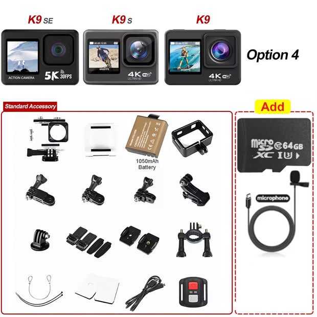 Action Camera 5K30FPS 4K60FPS 2.0 Touch LCD 48MP EIS DVR Webcam Dual Screen Wi-Fi 170D Waterproof 30M 5X Zoom Sports Camera