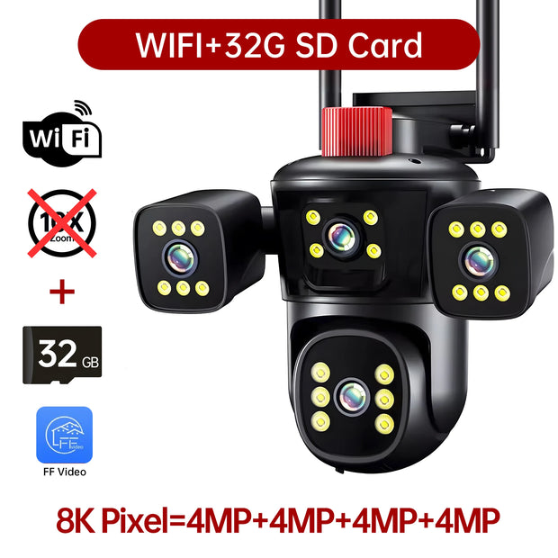 10K 20MP Security WiFi Camera Five Lens Four Screen Surveillance Cam Ai Track 10x Optical Zoom Waterproof Outdoor CCTV Cam Home