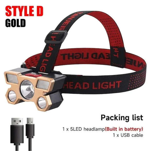 Usb Rechargeable 5 Led Headlamp Super Bright Head-Mounted Strong Flashlight Built-in Battery Outdoor Camping Night Fishing Lamp