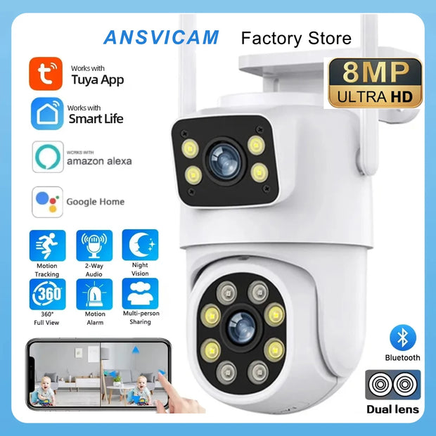 4K 8MP  Tuya Dual Lens PTZ WIFI Camera Full HD Dual Screen Ai Human Auto Tracking Outdoor 4MP Security Video Surveillance Camera