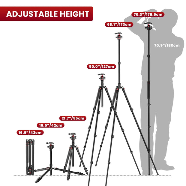 68'' Tripod for Camera Mobile Phone Flexible Travel Professional Camera Tripod Stand Video Aluminum Monopod for Dslr Ball Head