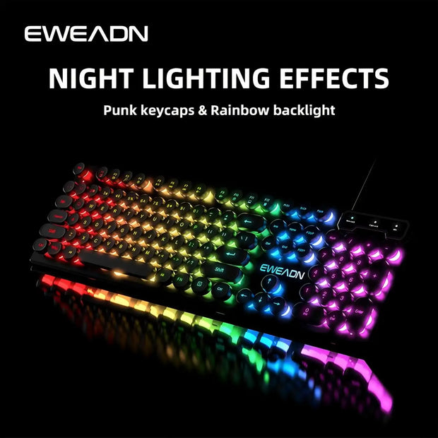 EWEADN GX330 Typewriter Gaming Keyboard, 104 Keys Wired Retro Punk Round Keycaps, with RGB Backlit, for Windows Laptop PC black