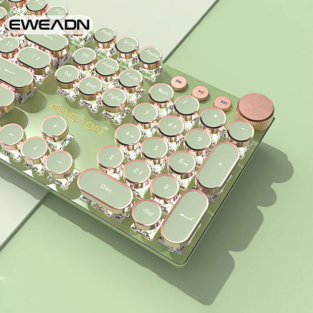 EWEADN V20 Punk Typewriter Mechanical Gaming Keyboard, 104 Keys Round Keycaps LED White Backlit, Key-wire separation design