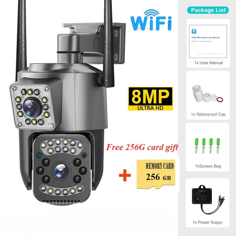 4K 8MP Dual Lens WiFi IP Camera Free 256GB memory card gift Night Vision Ai Human Detect PTZ Outdoor Video Security Protection