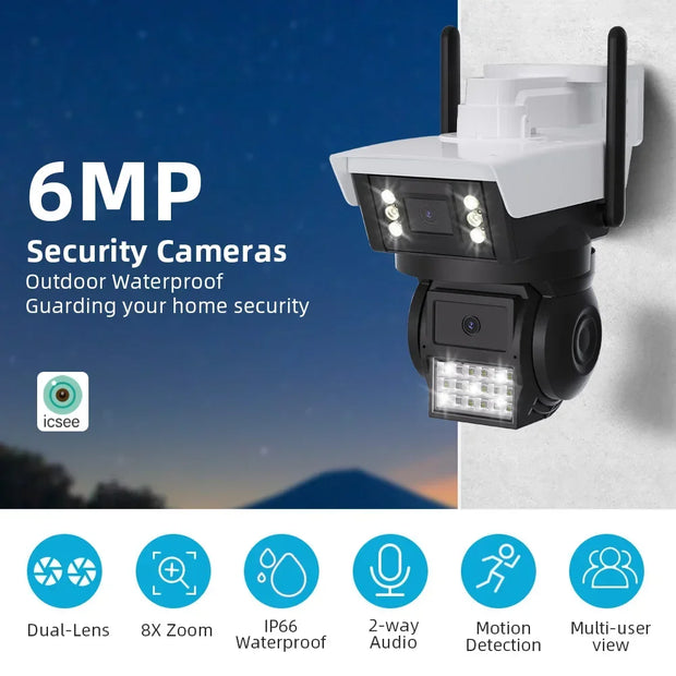 6MP 4K WiFi Camera Dual Lens Dual Screen Outdoor Waterproof Security Video Surveillance Camera Alarm Light IP Camera