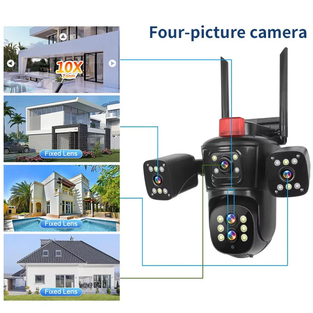 10K 20MP Security WiFi Camera Five Lens Four Screen Surveillance Cam Ai Track 10x Optical Zoom Waterproof Outdoor CCTV Cam Home