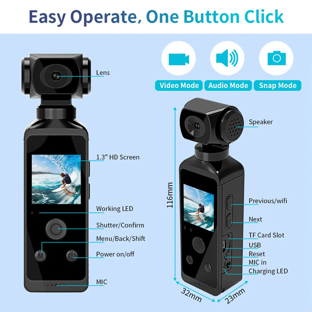 4K HD Pocket Action Camera 270° Rotatable Wifi Mini Sports Camera with Waterproof Case for Helmet Travel Bicycle Driver Recorder