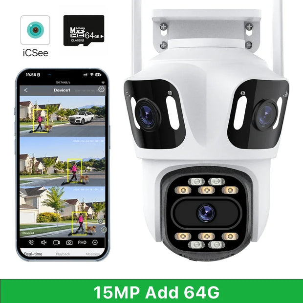 Three Lens Three Screen IP Camera WiFi External Dual Lens Auto Track 15MP Security PTZ Camera 4K HD iCsee Video Surveillance