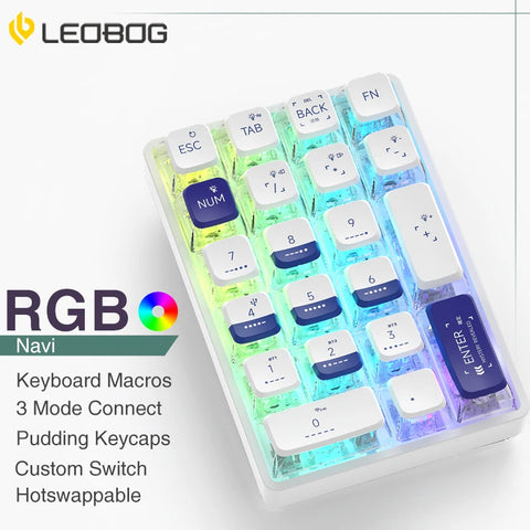 LEOBOG K21 Mini Number Keyboard 21 Transparent Key Mechanical Numeric Keypad 3 Mode Numpad 600mAh Gaming Keyboard With RGB Light