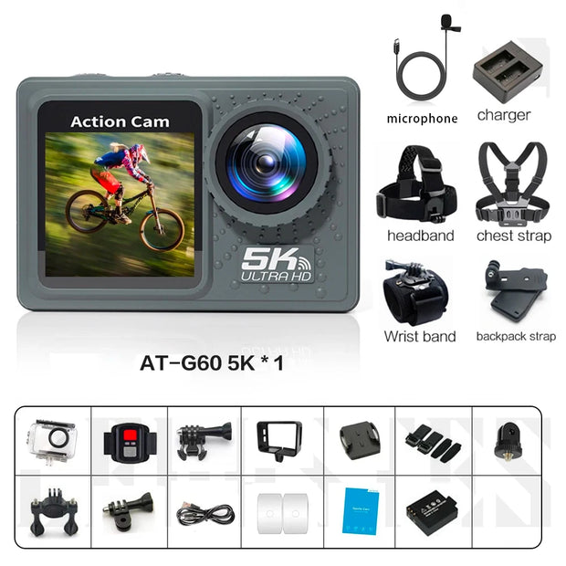 CERASTES Action Camera 5K 4K 60FPS WiFi Anti-shake Dual Screen 170° Wide Angle 30m Waterproof Sport Camera with Remote Control