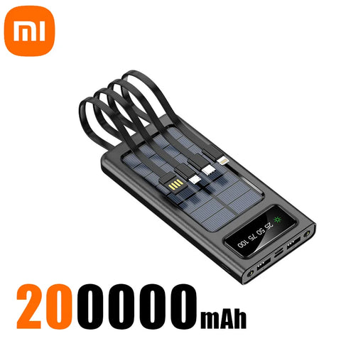 Xiaomi New Solar Power Bank 200000mA Large Capacity Mobile Power Fast Charging Battery With Dual USB 4 Cables For iPhone Samsung