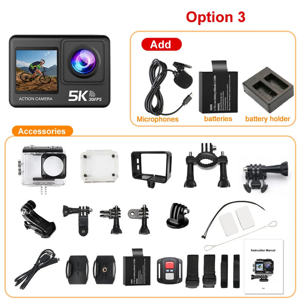 Action Camera 5K 4K60FPS EIS Wi-Fi Dual Screen 170D 2.0 Inch Touch Screen 30M Waterproof Sport Camera With Remote Control