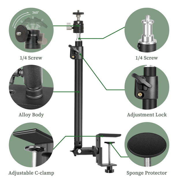 C Stand Tripod Standing Desk Monitor with 1/4" Ball Head Table Fixture Ring Light Adjustable Tabletop Bracket Stand DSLR Camera