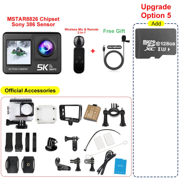 5K 4K60FPS Action Camera 2" Touch LCD 5X Zoom WiFi EIS Dual Screen 50MP 170° DVR Webcam 30M Waterproof Moto Helmet Sport Camera