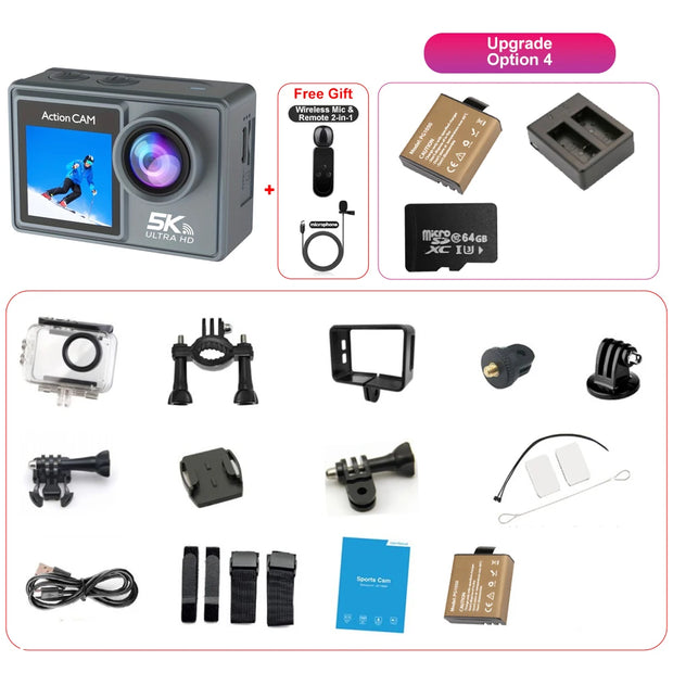 5K Action Camera 4K60FPS Dual IPS Touch LCD DVR EIS 170° 30M Waterproof 5X Zoom Sport Camera With Wireless Mic&Remote Control